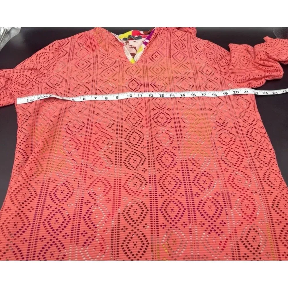 Title Nine Womens Coral‎ Laser Cut Mesh Hooded Tunic Swim Cover Up XL Resortwear